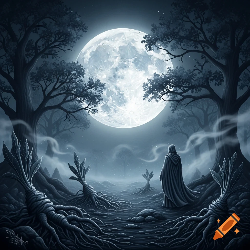 Dark fantasy painting of a hooded figure amidst gnarled roots and trees under a glowing full moon.