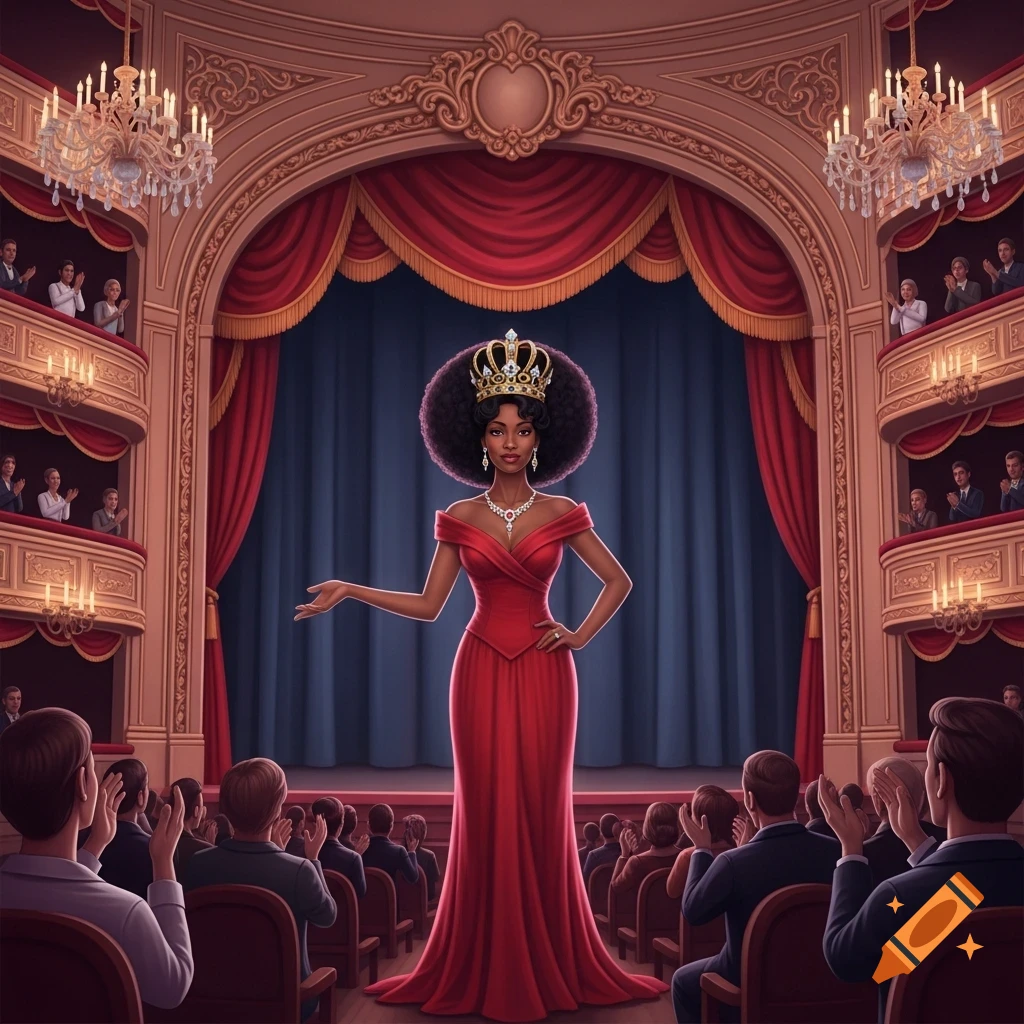 An illustrated Black Queen in a red gown and golden crown stands on an opera stage, gesturing to an applauding audience.