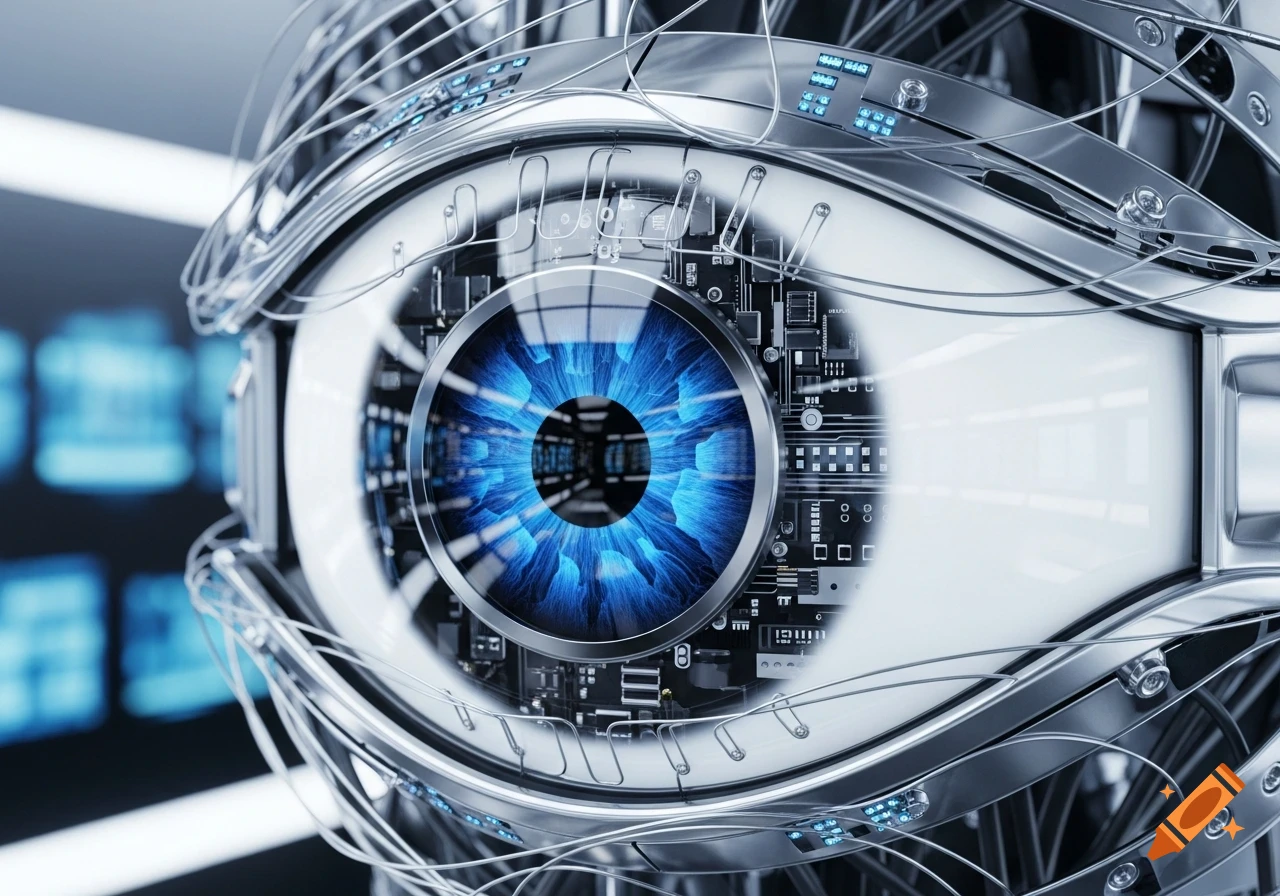 Close-up of a detailed metallic robotic eye with a glowing blue iris, intricate circuitry, and wires.