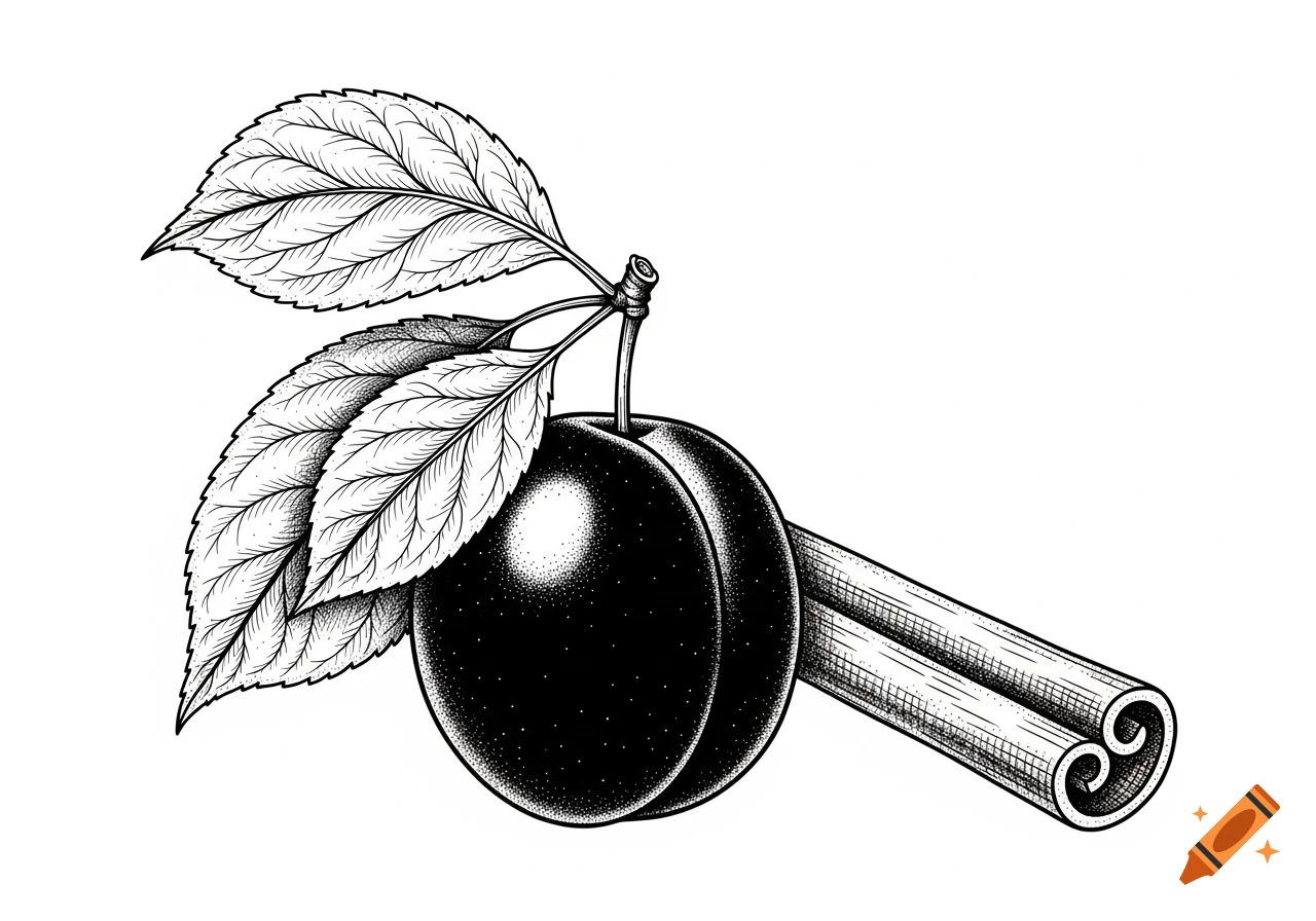 Black and white illustration of a plum with leaves and two cinnamon sticks.