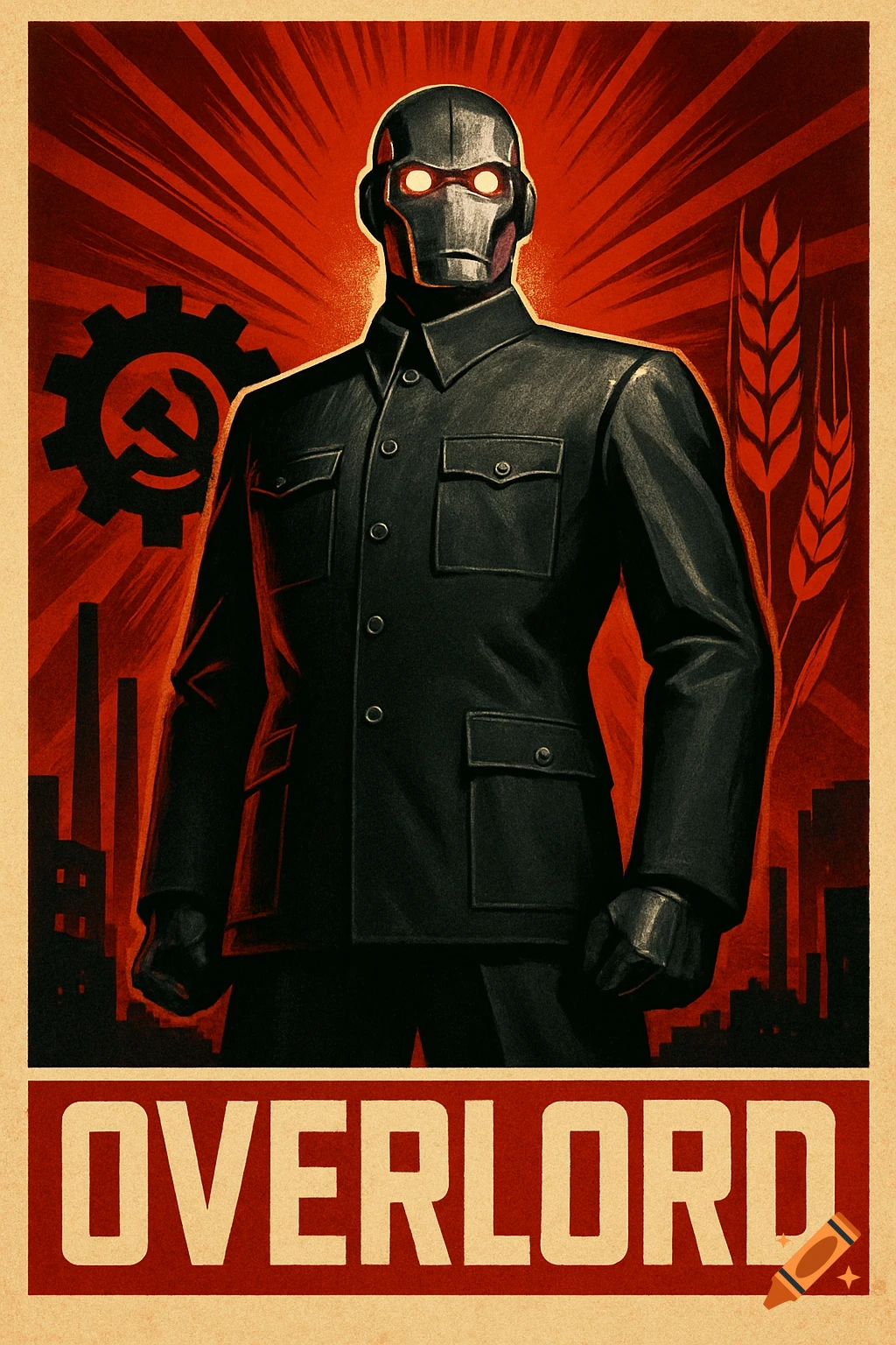 A propaganda poster in red and black features a metallic humanoid robot in a Mao suit, with a hammer and sickle emblem and the word 'OVERLORD' at the bottom.