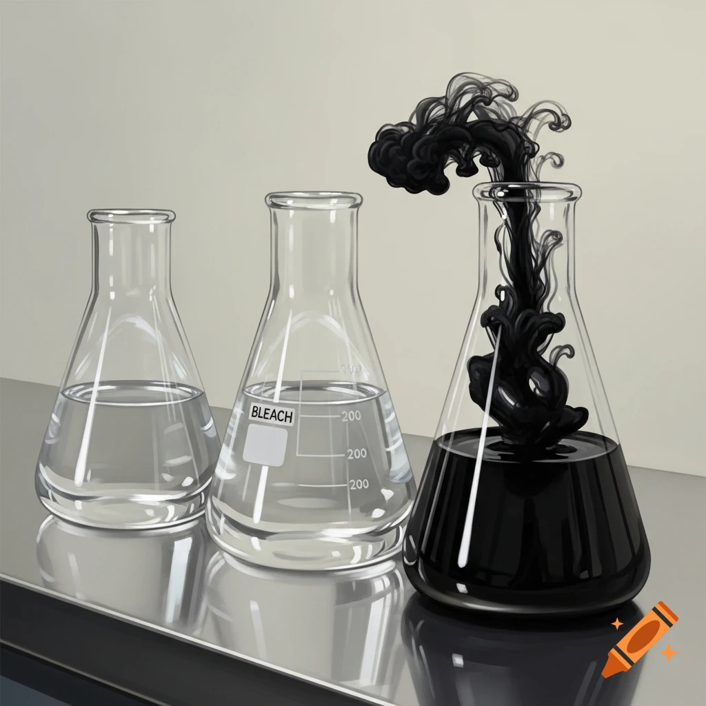 Three Erlenmeyer flasks on a reflective metal surface, one with clear liquid, one labeled "BLEACH" with clear liquid, and one with dark liquid and black ink mixing in.