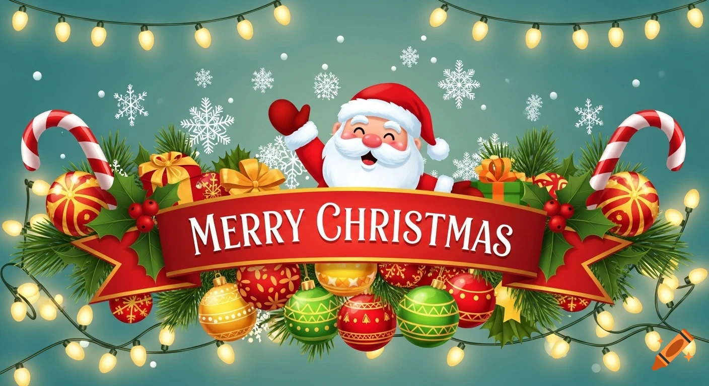 A colorful cartoon Christmas banner featuring Santa Claus, ornaments, snowflakes, fairy lights, and 'MERRY CHRISTMAS' text on a red ribbon.