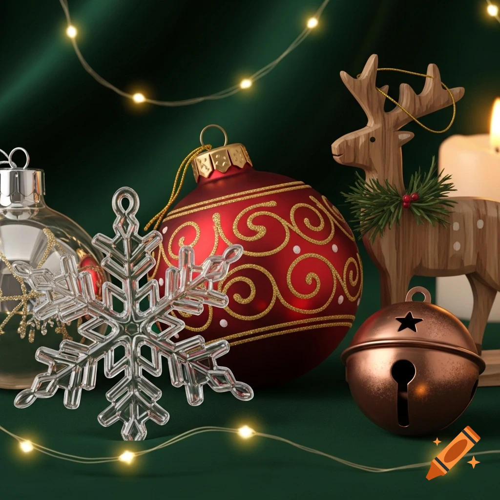A close-up of various Christmas decorations including a clear snowflake, a red bauble, a wooden reindeer, a jingle bell, and fairy lights.