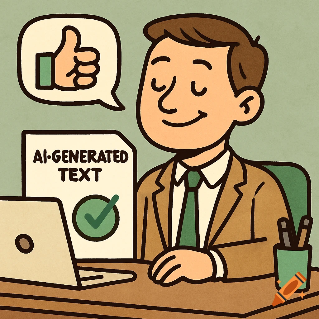 Cartoon man in business attire giving a thumbs-up while looking at a document labeled 'AI-GENERATED TEXT' on his desk with a laptop.