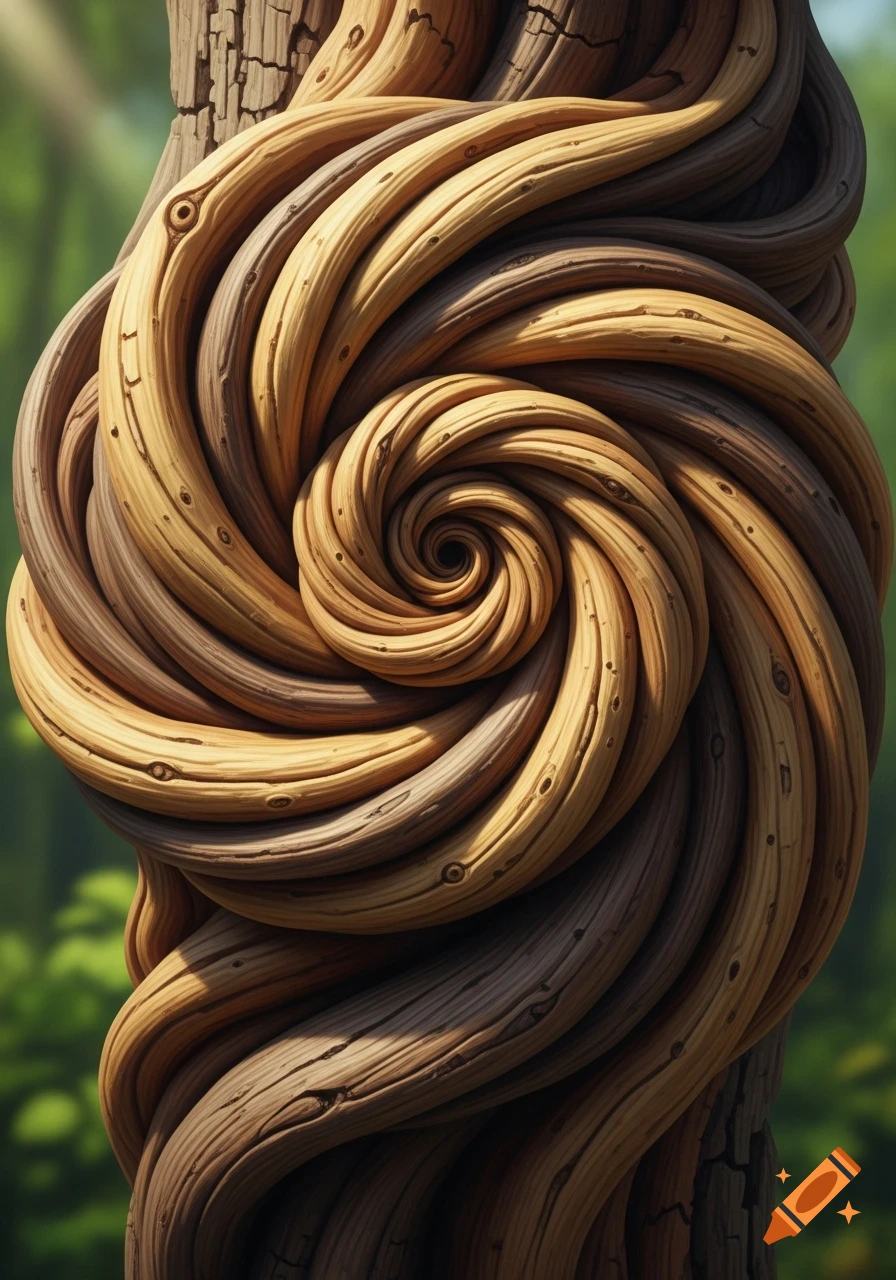 A detailed, intricate knot of intertwined wooden vines or roots in a swirling pattern, set against a blurred green forest background.