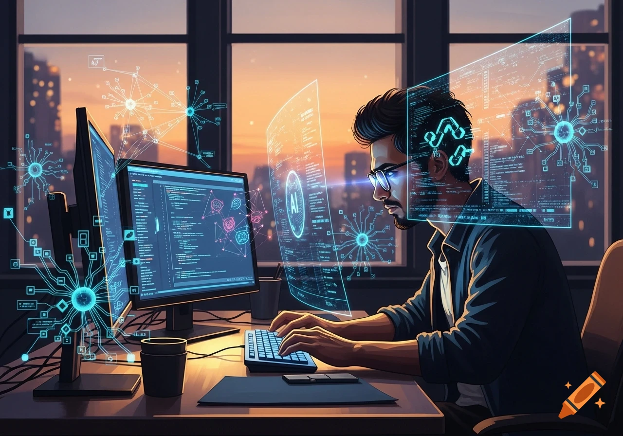 A man in glasses coding on multiple computer screens with holographic interfaces, bathed in sunset light through an office window, digital art style.