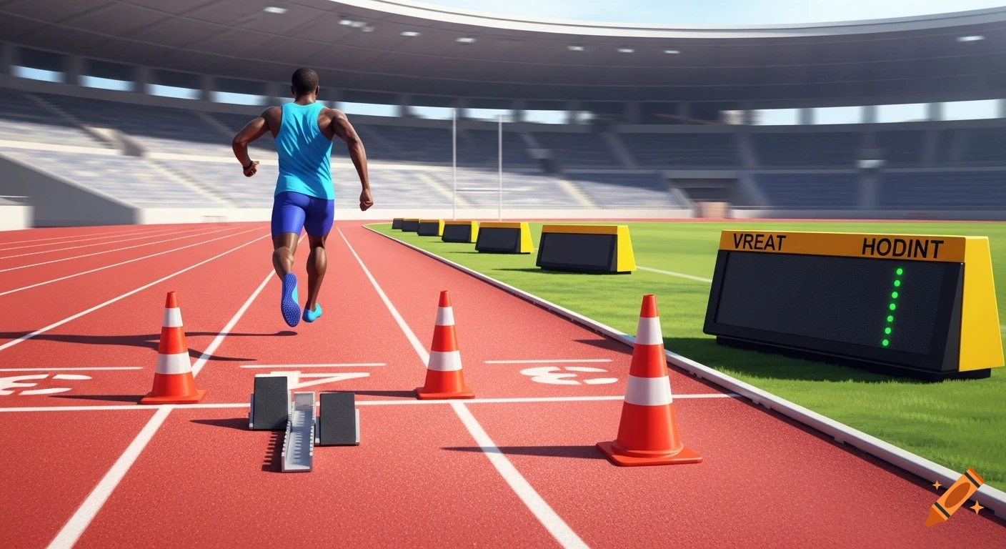 Photorealistic male athlete sprints on a red track in a stadium with cones and a scoreboard showing garbled text.