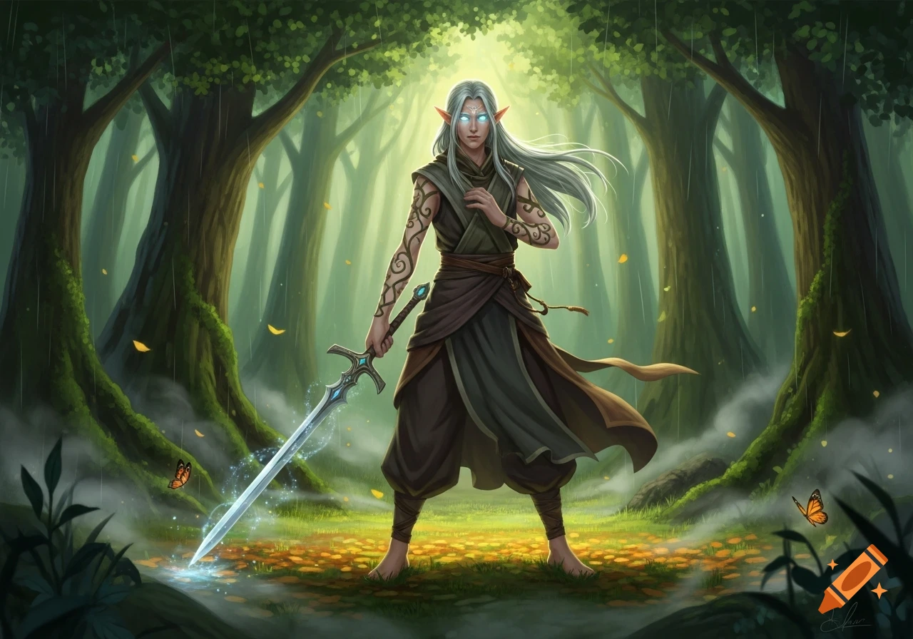 A young elf with white hair, glowing blue eyes, and patterned tattoos stands in a magical forest, holding an illuminated sword, with two butterflies nearby.