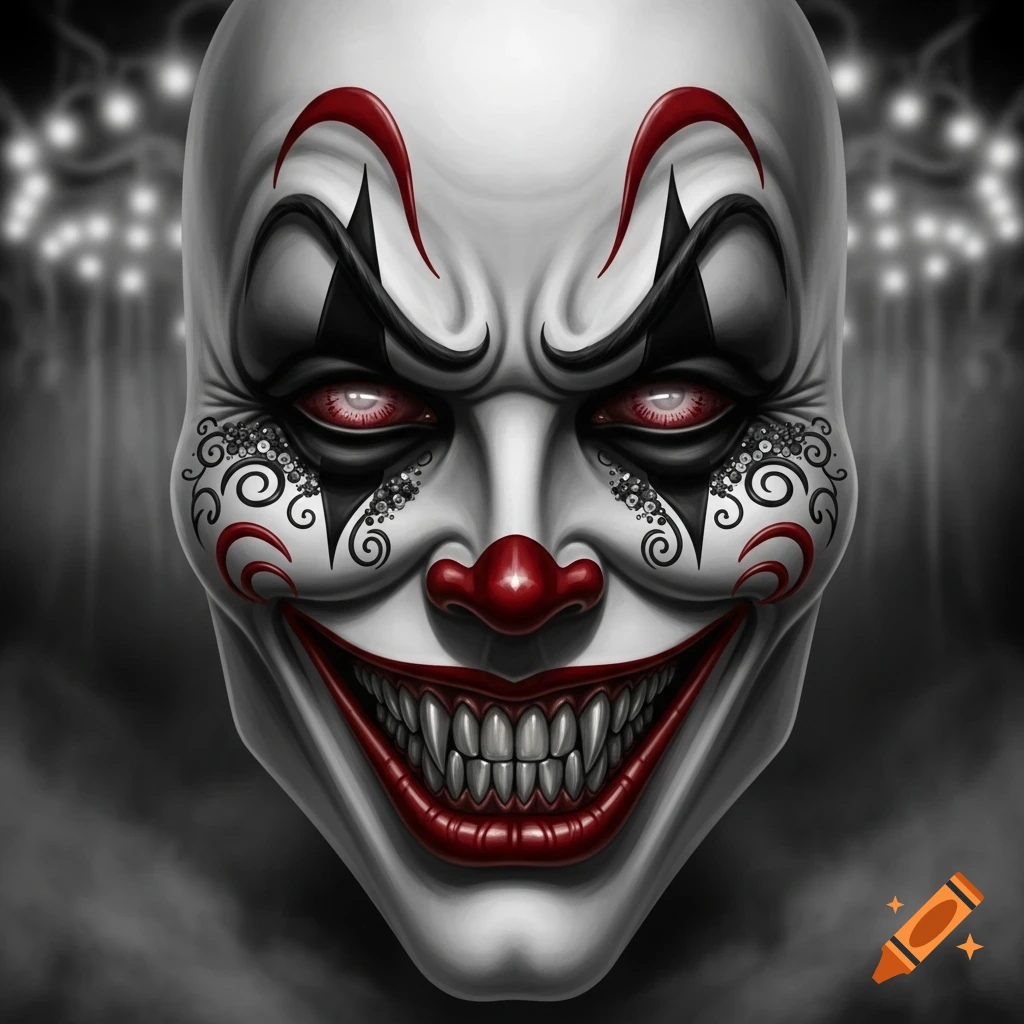 A close-up of a menacing, stylized clown face with red glowing eyes, sharp fangs, and intricate black and red makeup.