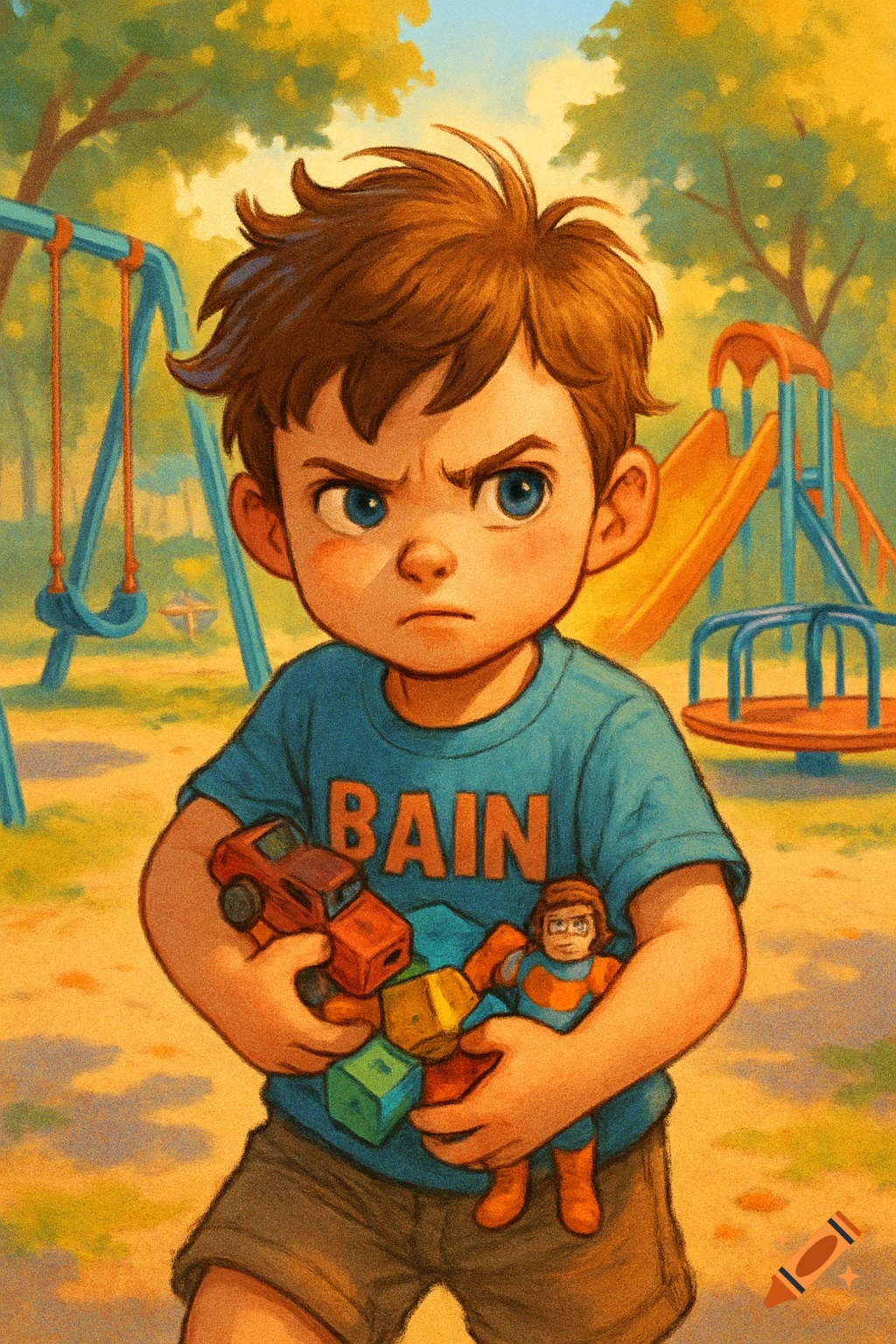 Grumpy cartoon boy in a blue shirt holding toys in a sunny playground.
