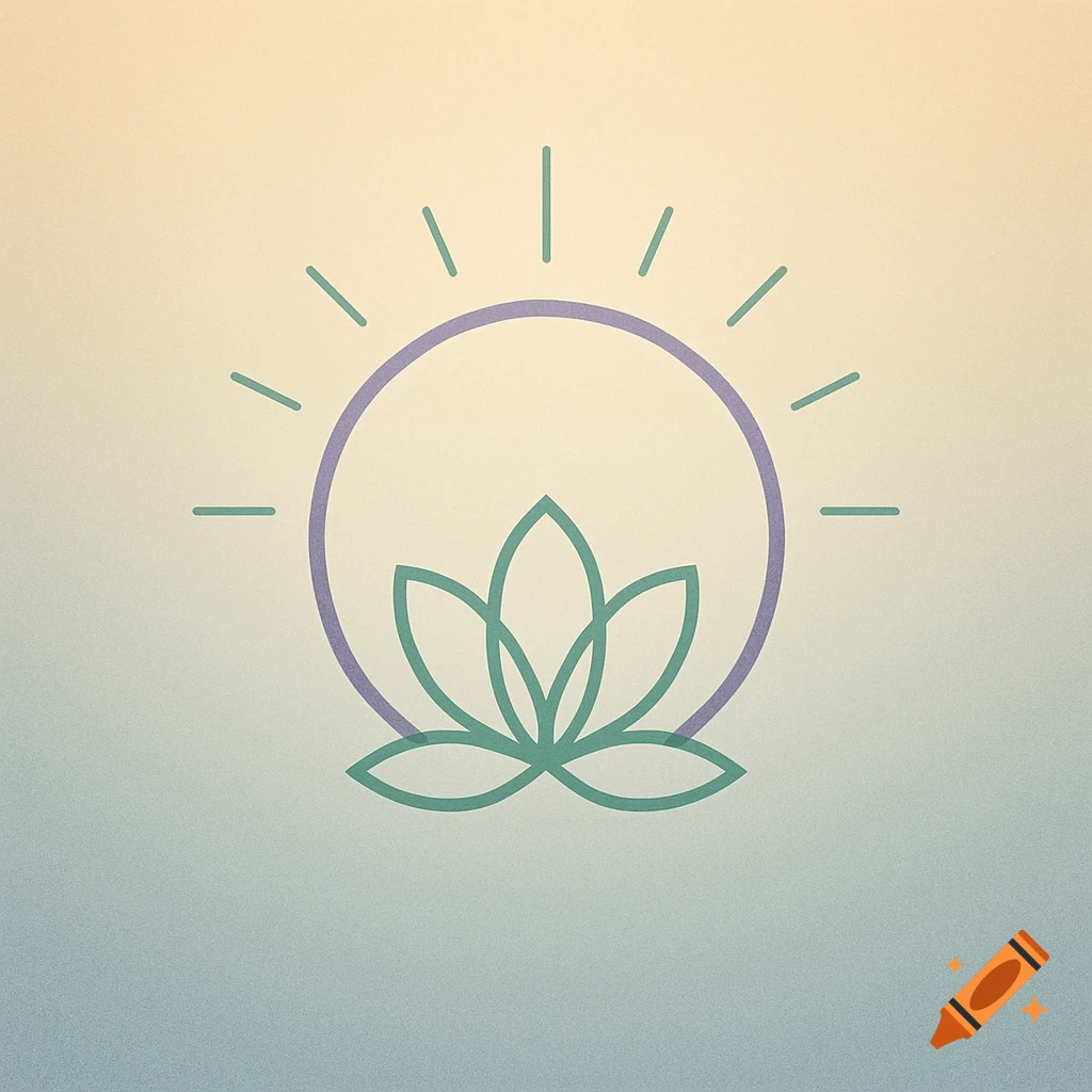 Minimalist logo with a teal lotus flower inside a purple circle, radiating teal lines upwards, on a soft gradient background.