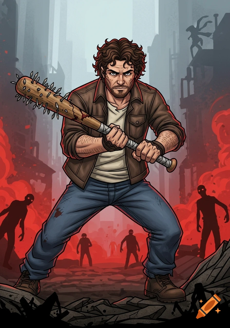 A man with curly brown hair and a beard, wielding a spiked baseball bat in an aggressive stance, surrounded by silhouetted zombies in a red-hued, ruined city in comic book style.