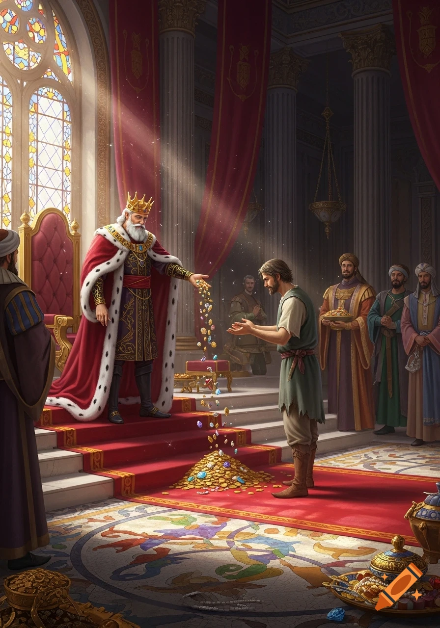 A richly robed king pours gold coins and gems into a poor man's hands in a grand palace throne room, digital painting.