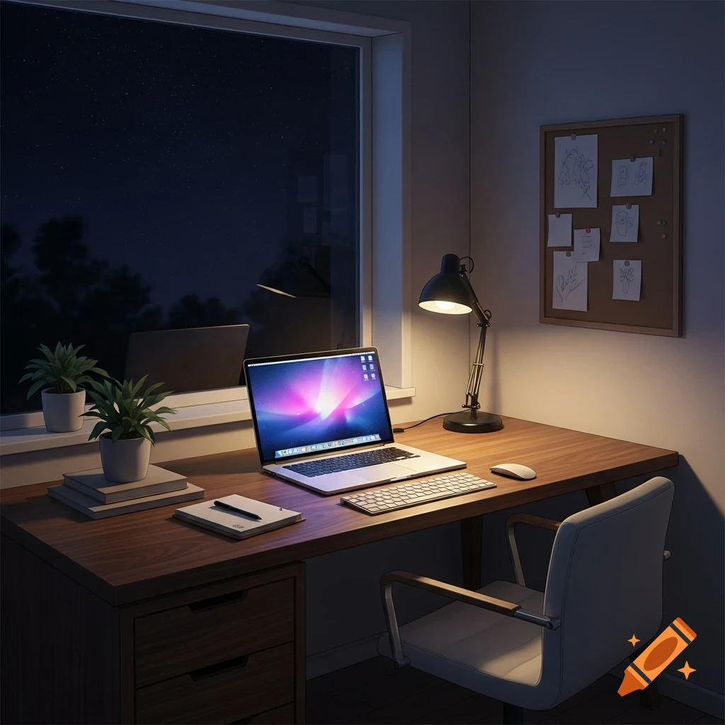 A well-lit home office desk at night, featuring a laptop, desk lamp, keyboard, mouse, plants, and an office chair, with a starry sky visible outside the window.