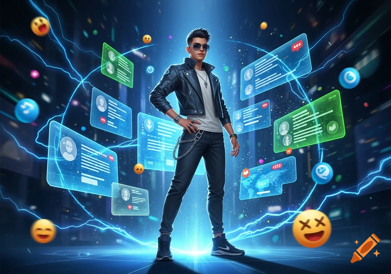 A stylish man in a leather jacket and sunglasses stands amidst glowing holographic social media screens and emojis, representing digital communication.