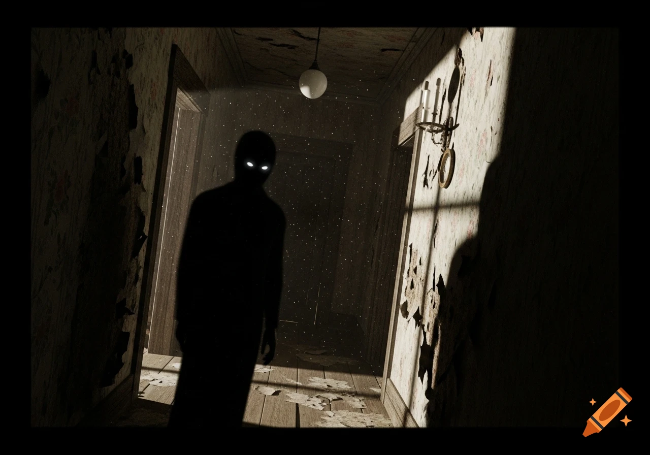 A scary shadowy figure with glowing eyes stands in a dark, decaying house hallway, lit by a window casting a long shadow.