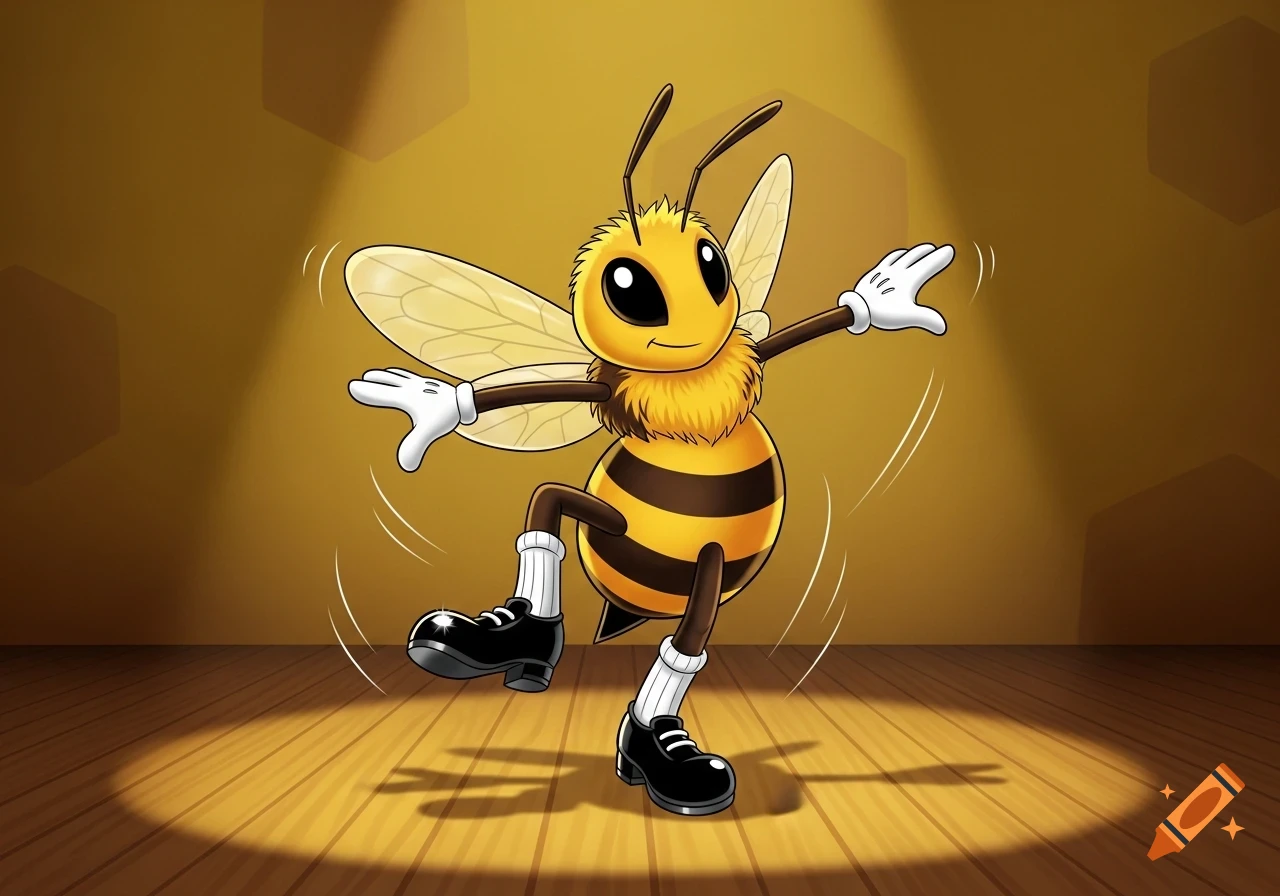 A 2D friendly cartoon honeybee tap dancing in white gloves, socks, and black shoes on a spotlighted wooden stage.
