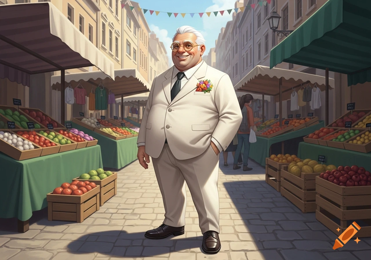 A smiling, portly, older man with white hair and glasses, wearing a white suit and black tie, stands confidently in a vibrant outdoor market with fruit stalls.