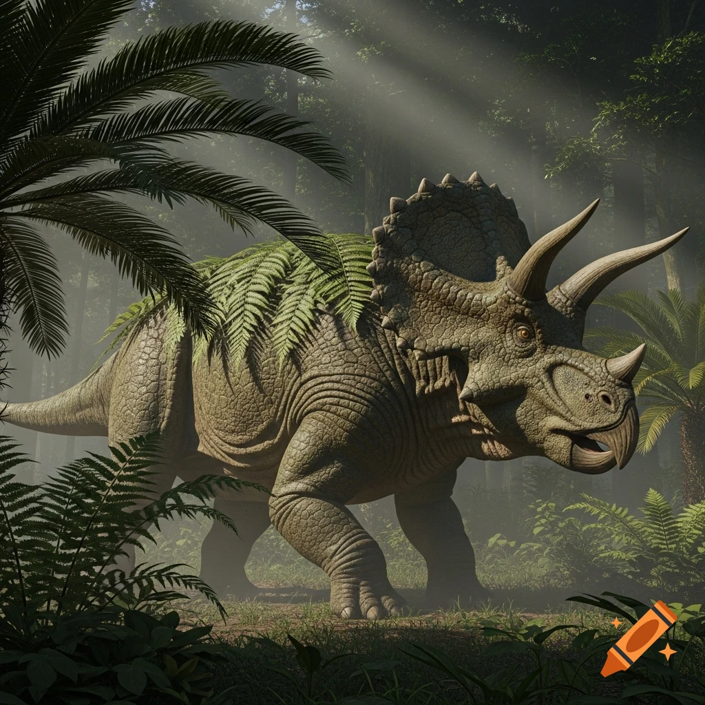 A photorealistic triceratops stands in a lush, misty prehistoric forest with sun rays shining through the canopy.