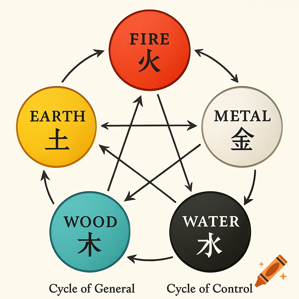A colorful diagram illustrating the Five Elements (Fire, Earth, Metal, Water, Wood) and their cycles of generation and control.