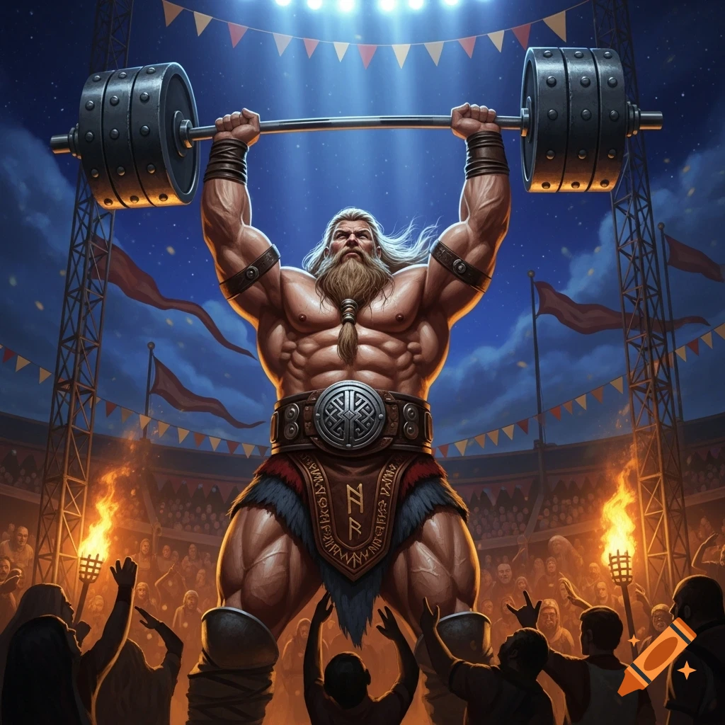 A muscular, white-bearded viking strongman lifts a heavy barbell overhead in a torchlit arena before a cheering crowd. Stylized art.