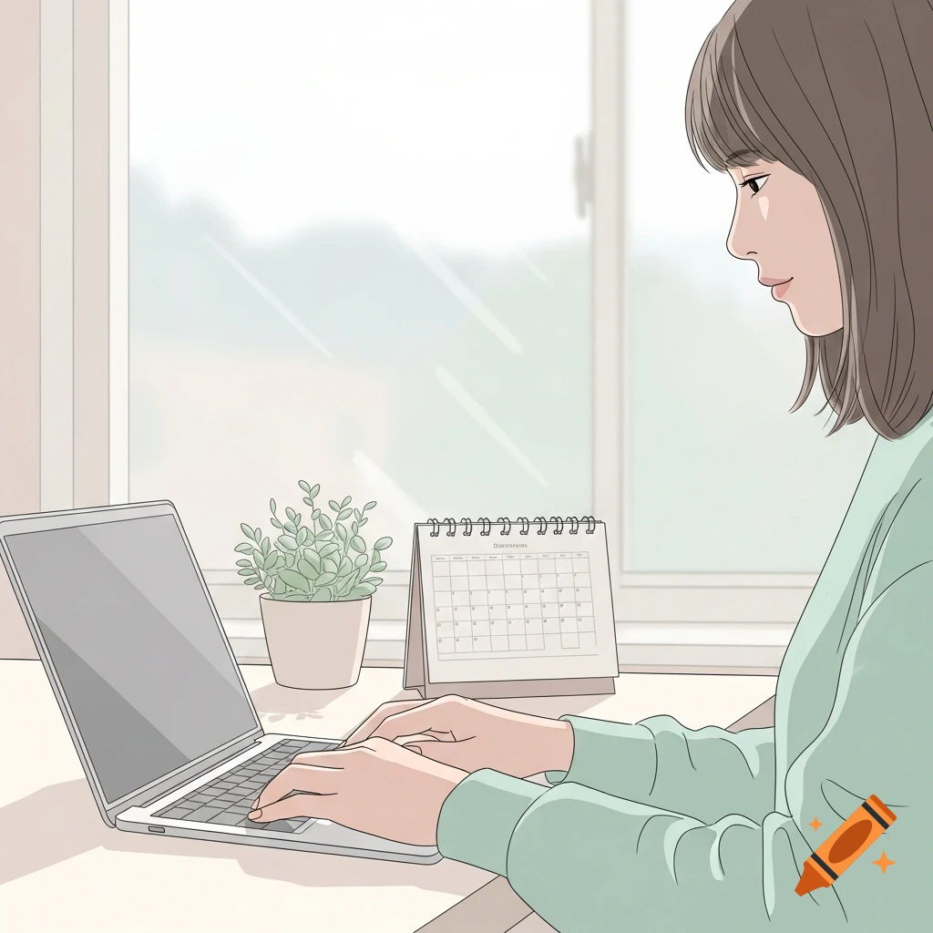 Digital illustration of a person in a green shirt typing on a laptop at a desk with a plant and calendar, window in the blurred background.