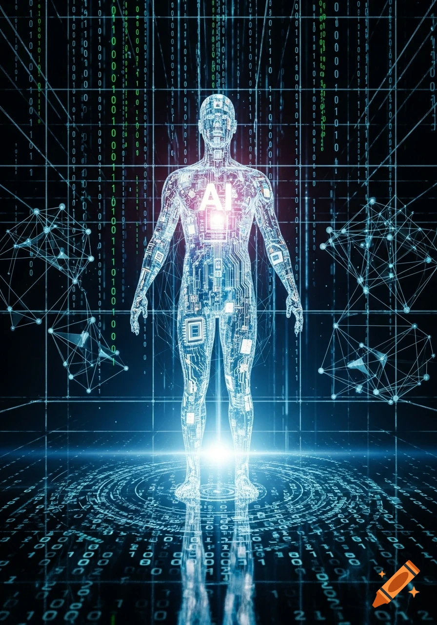 A glowing digital human figure with circuit patterns on its body stands amidst falling binary code and a holographic data floor, representing AI and technology.
