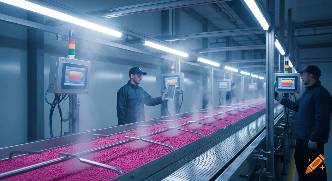 Men in a high-tech factory inspect a conveyor belt with pink pellets, steam rising from chilling air jets, under bright LED lights.
