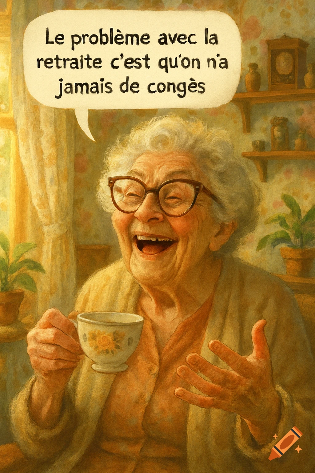 A smiling old woman wearing glasses, holding a teacup, with a speech bubble in French about retirement.