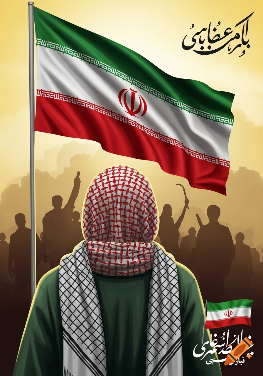 An illustration from behind of a person wearing a green tunic and a white keffiyeh, facing a large waving Iranian flag on a pole. Silhouettes of a crowd with raised arms are in the background under a golden sky. Farsi text is present at the top and bottom right.