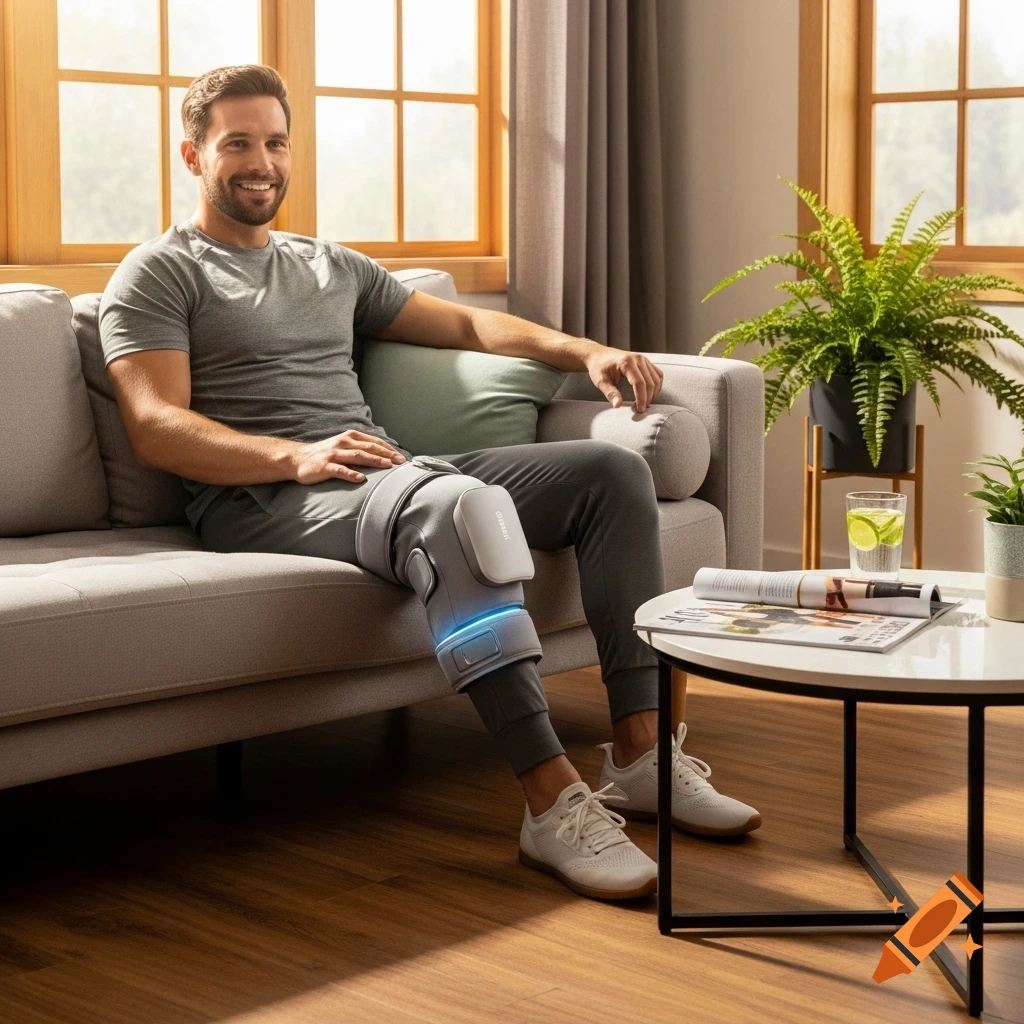 Smiling man relaxes on a couch, using a wireless knee massager with blue light, in a sunlit living room.