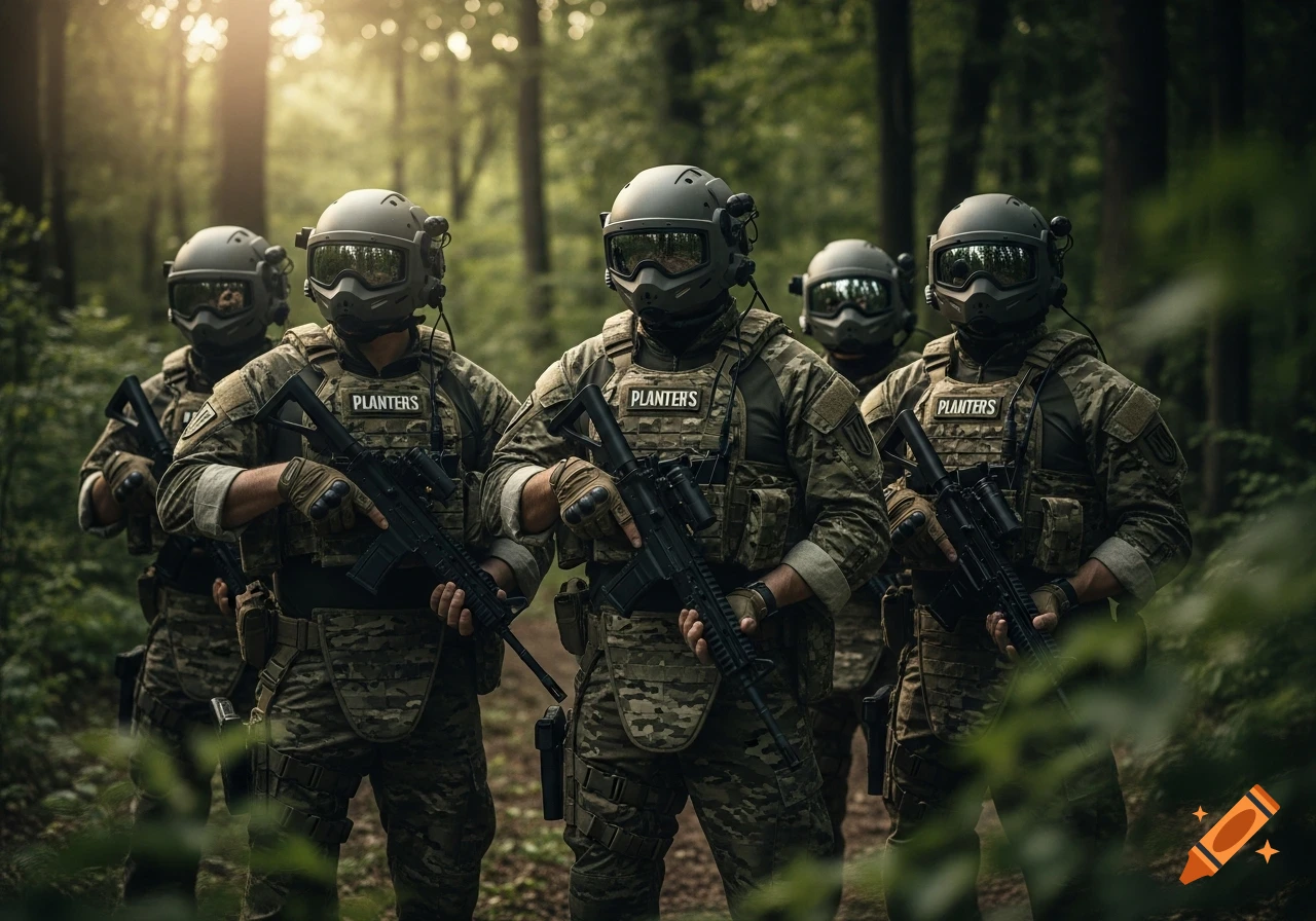 Five photorealistic soldiers in full tactical gear, with 'PLANTERS' on their vests, stand holding rifles in a sunlit forest.