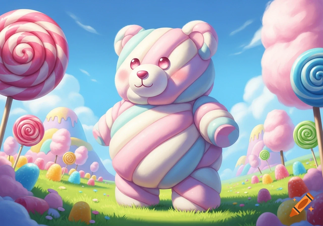A colorful marshmallow bear stands in a whimsical candy land filled with lollipops, cotton candy trees, and sweet treats.