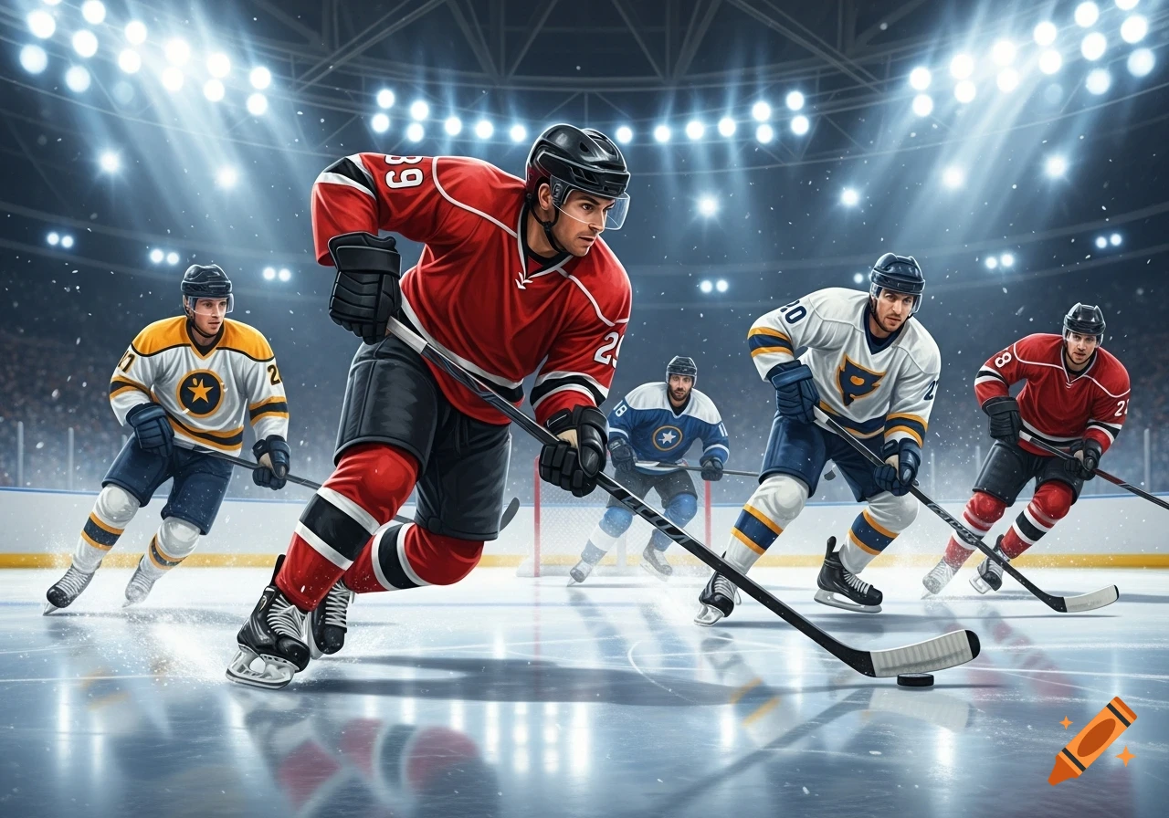 A dynamic shot of multiple hockey players on an ice rink during a game, with one player in a red jersey skating towards the foreground, surrounded by other players and bright stadium lights.