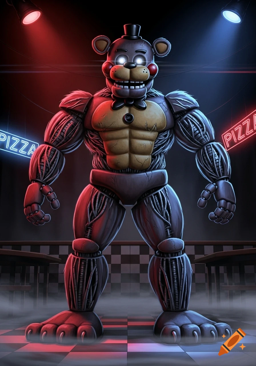A muscular Freddy Fazbear animatronic with glowing eyes stands under red and blue lights, with "PIZZA" neon signs in the background.