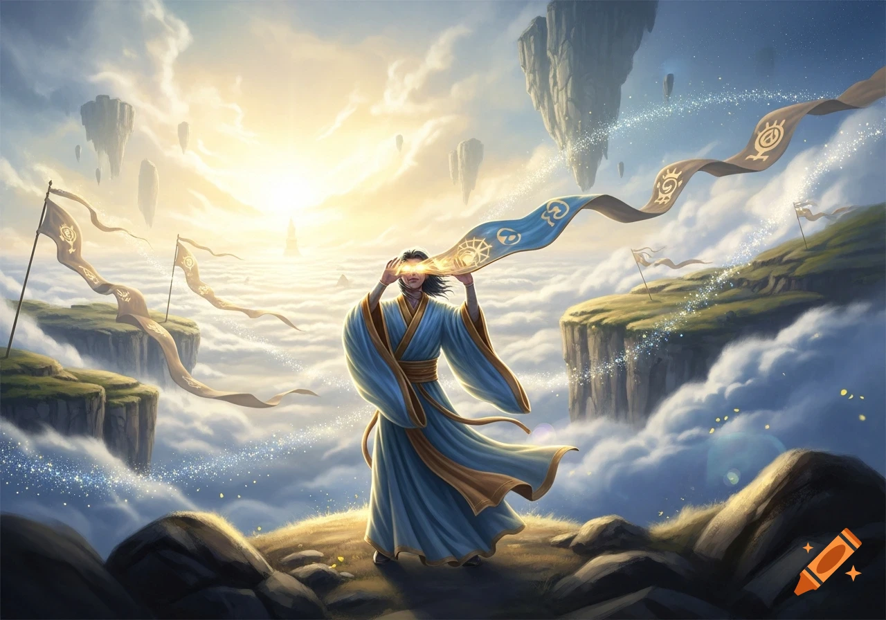 A robed figure with glowing eyes stands on a cliff above clouds, holding a mystical blue banner with symbols. Floating islands and other banners are in the bright, ethereal sky.