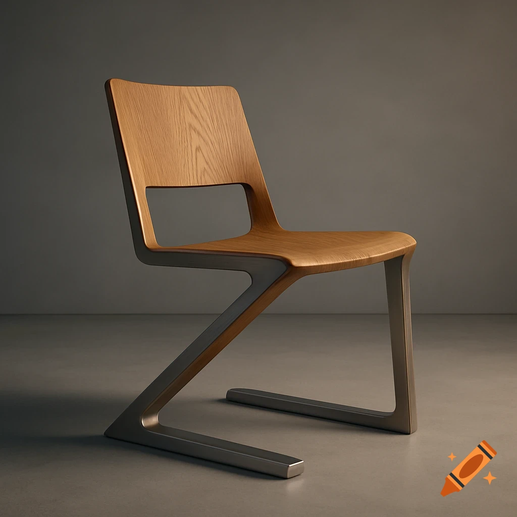 A modern conceptual chair with a light wood seat and back, supported by a unique Z-shaped silver metal frame, against a gray background.