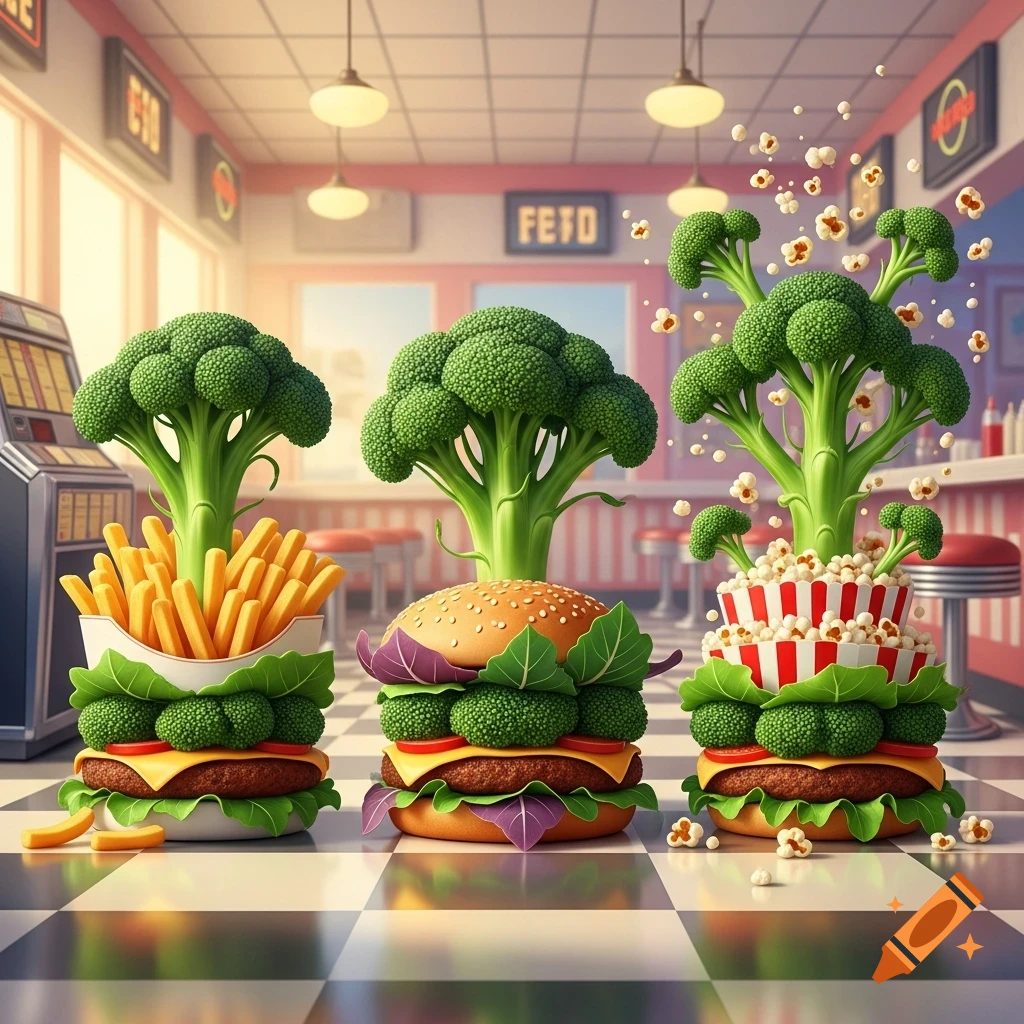 Stylized broccoli 'junk food' items, including fries, a burger, and popcorn, displayed in a retro diner setting.