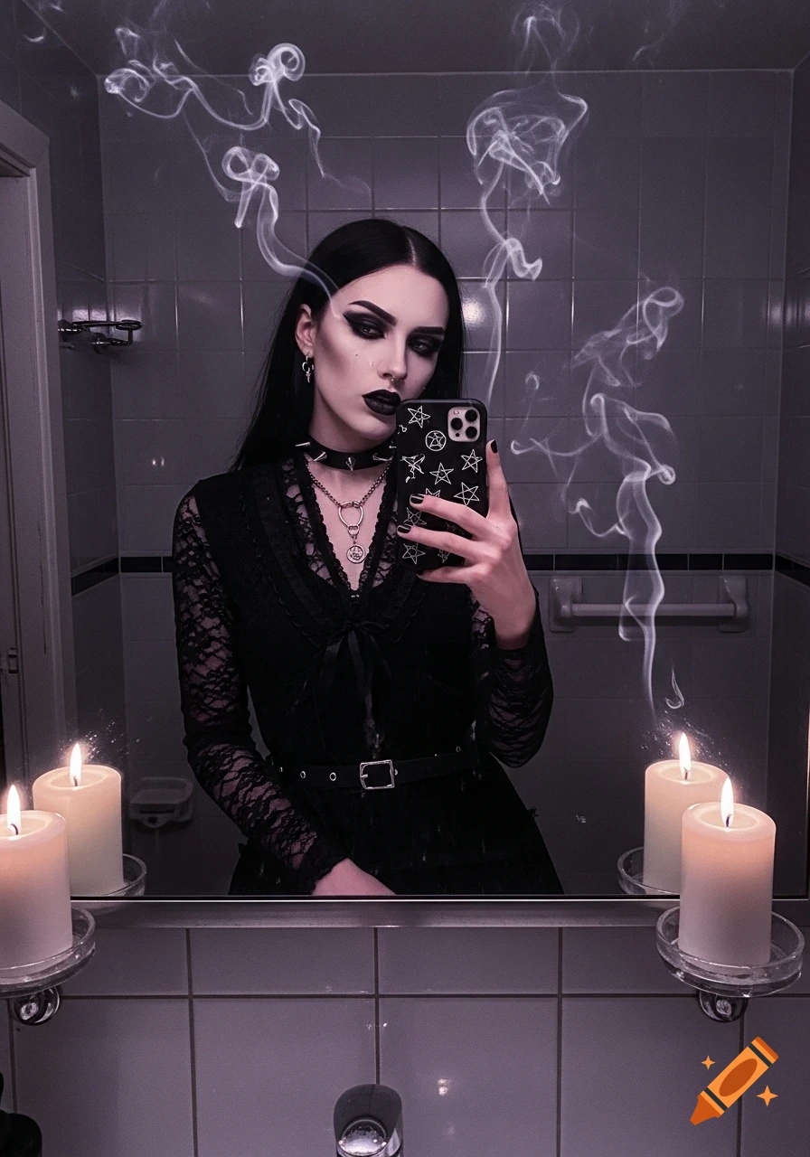 A goth woman taking a mirror selfie in a bathroom, surrounded by smoke and candles.