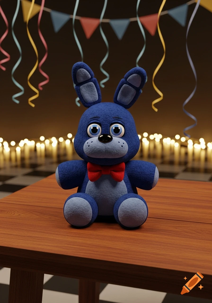 A blue Bonnie plush toy with a red bowtie sits on a wooden table, surrounded by party decorations and string lights.