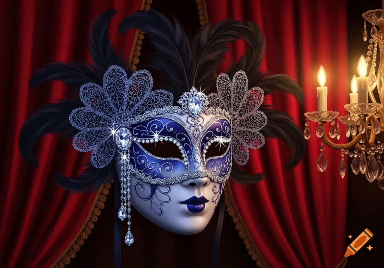 An ornate blue and silver masquerade mask with feathers and jewels, set against a rich red curtain with a chandelier.