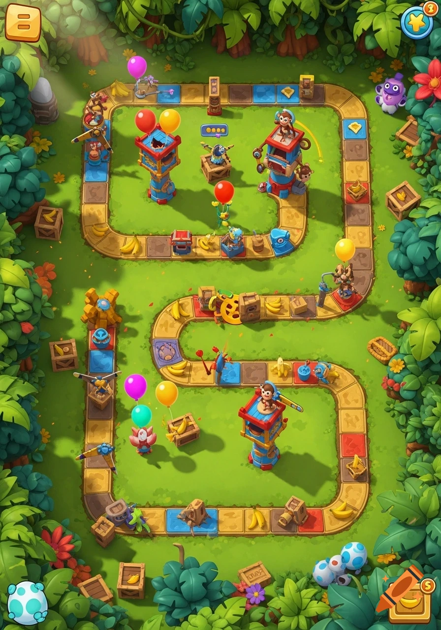 An overhead view of a colorful, cartoonish jungle-themed game board. A winding path of yellow and blue tiles is laid out on green grass, surrounded by lush tropical foliage. Monkey characters operate small towers and contraptions along the path. Bananas, wooden crates, and balloons are scattered throughout the scene. UI elements like a yellow button with two lines and a blue star with a '3' are visible.