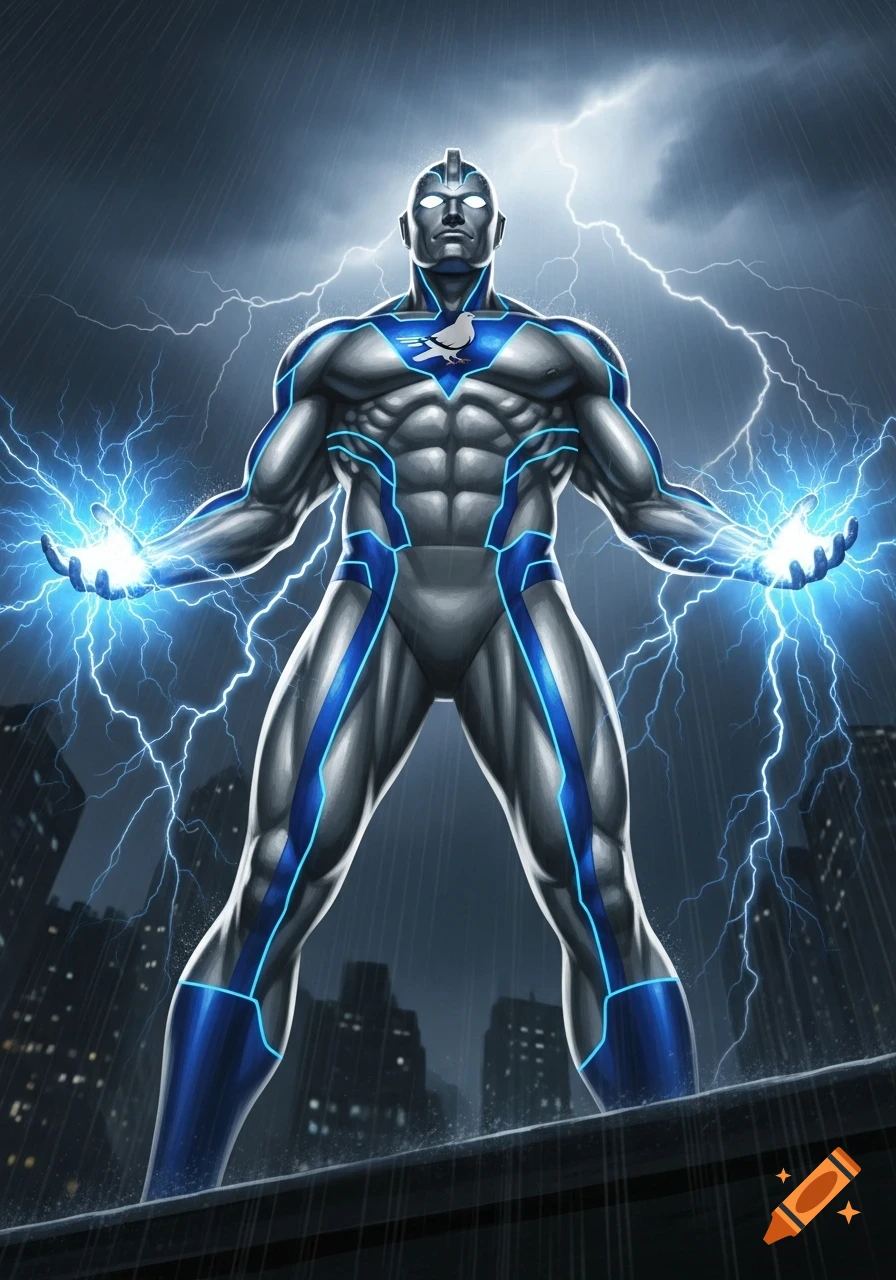 A muscular superhero in a silver and electric blue costume with a pigeon logo on his chest, generating blue lightning from his hands under a stormy, lightning-filled sky above a city skyline.