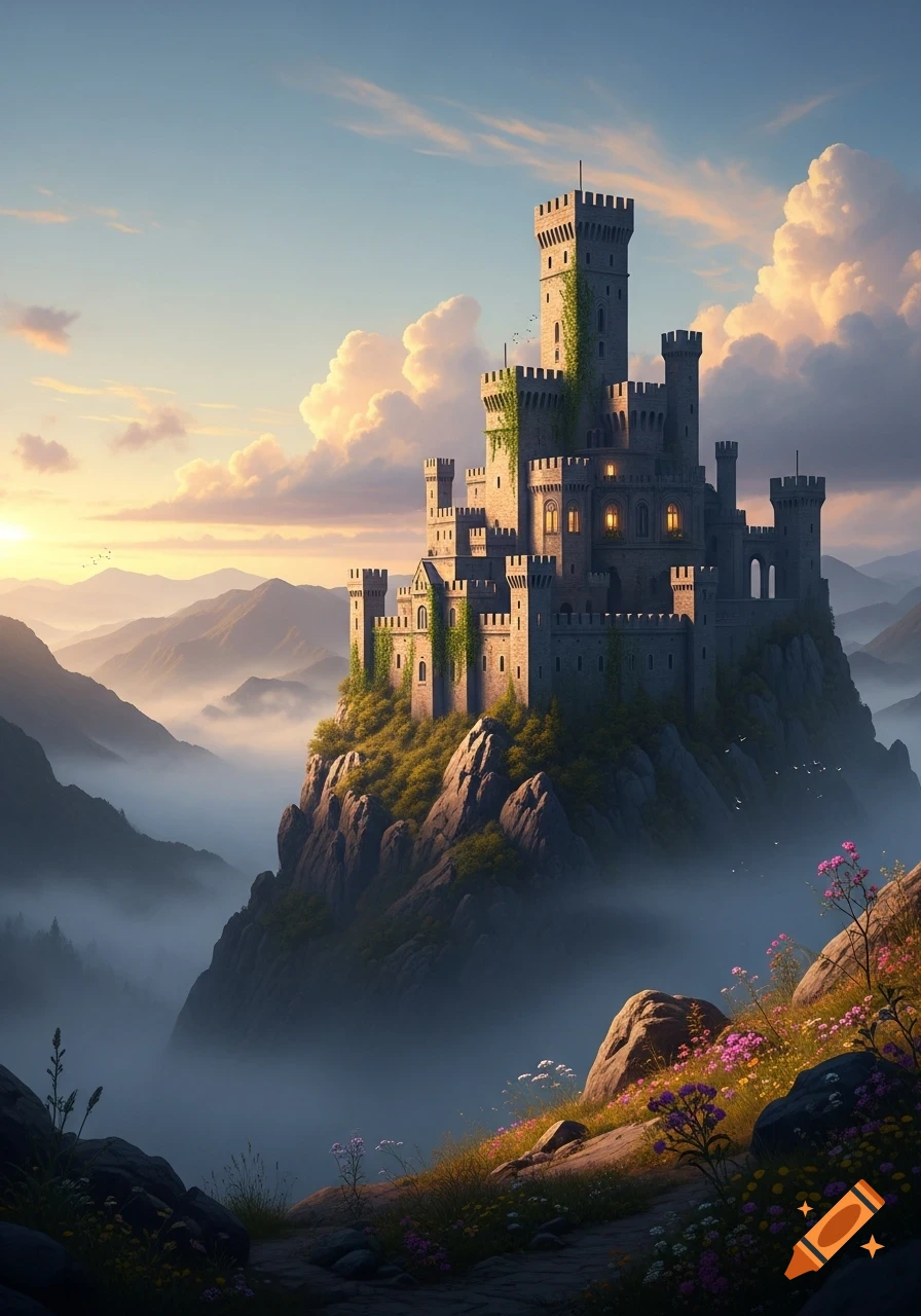 A majestic fantasy castle stands atop a rocky mountain peak amidst ...