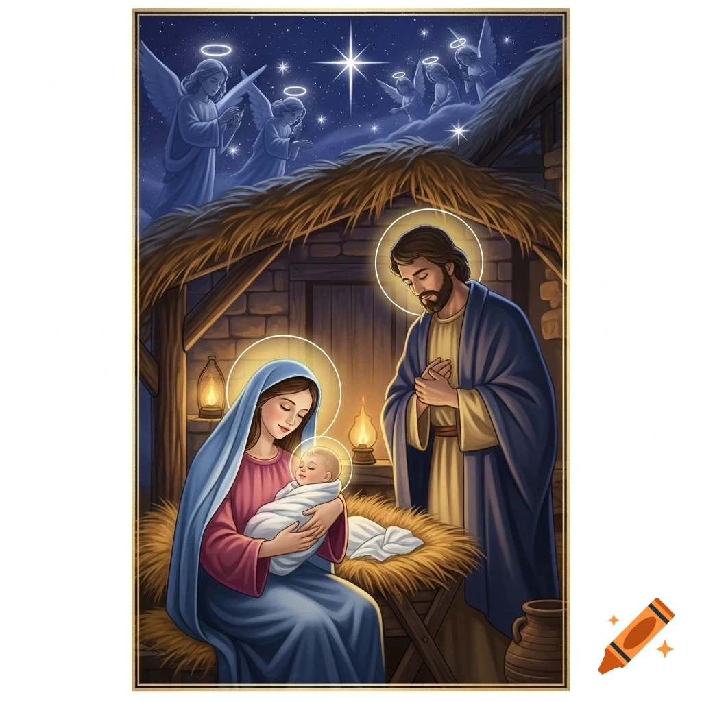 Illustrative depiction of the Holy Family in a manger with baby Jesus, Mary, and Joseph, under a starry sky with angels.