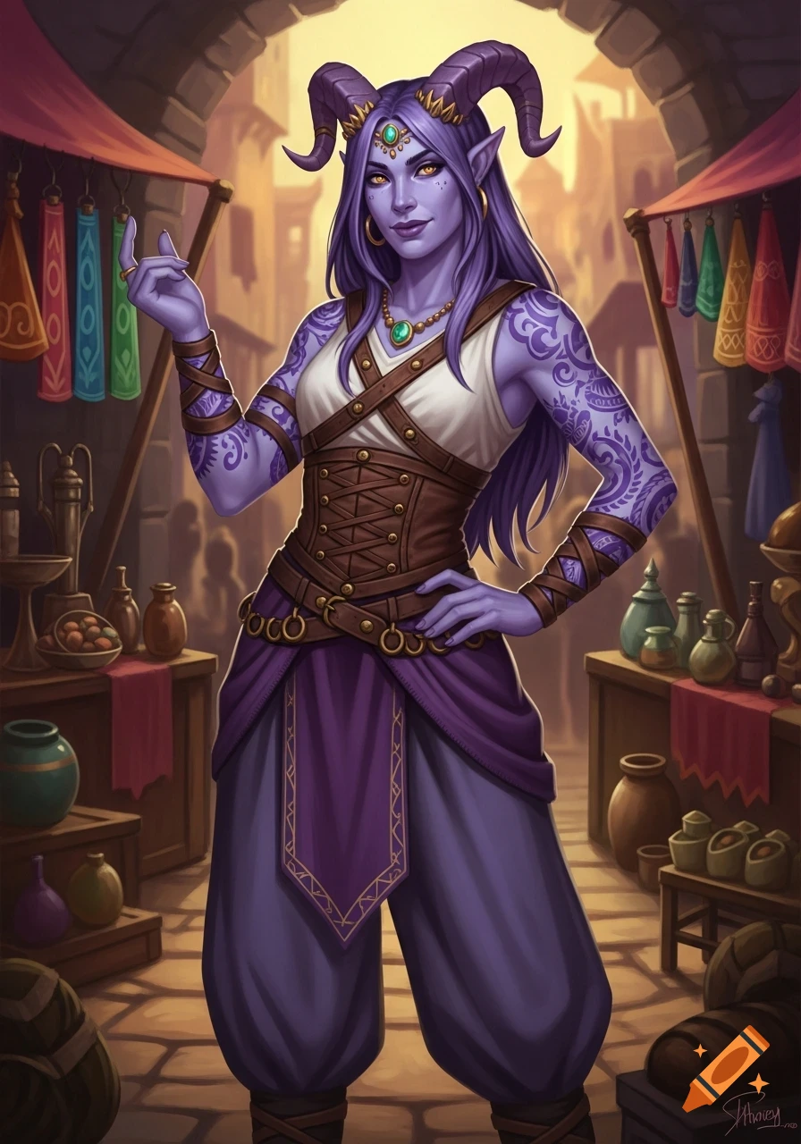 A lavender-skinned tiefling with purple hair, golden eyes, and intricate tattoos, wearing a brown corset and purple clothing, stands in a fantasy marketplace.