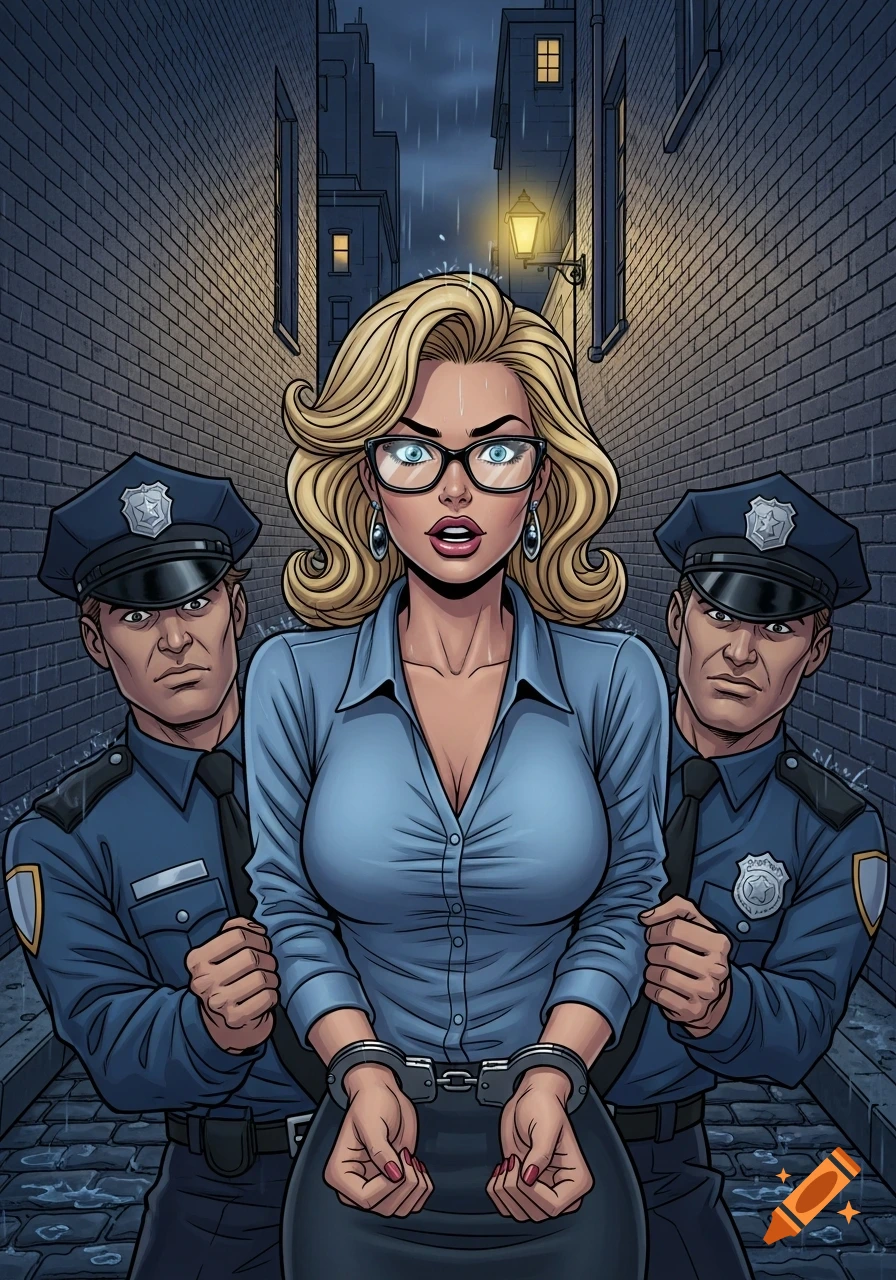 Comic illustration of a blonde woman in a blue blouse and glasses, handcuffed, being escorted by two police officers in a dark, rainy alley.