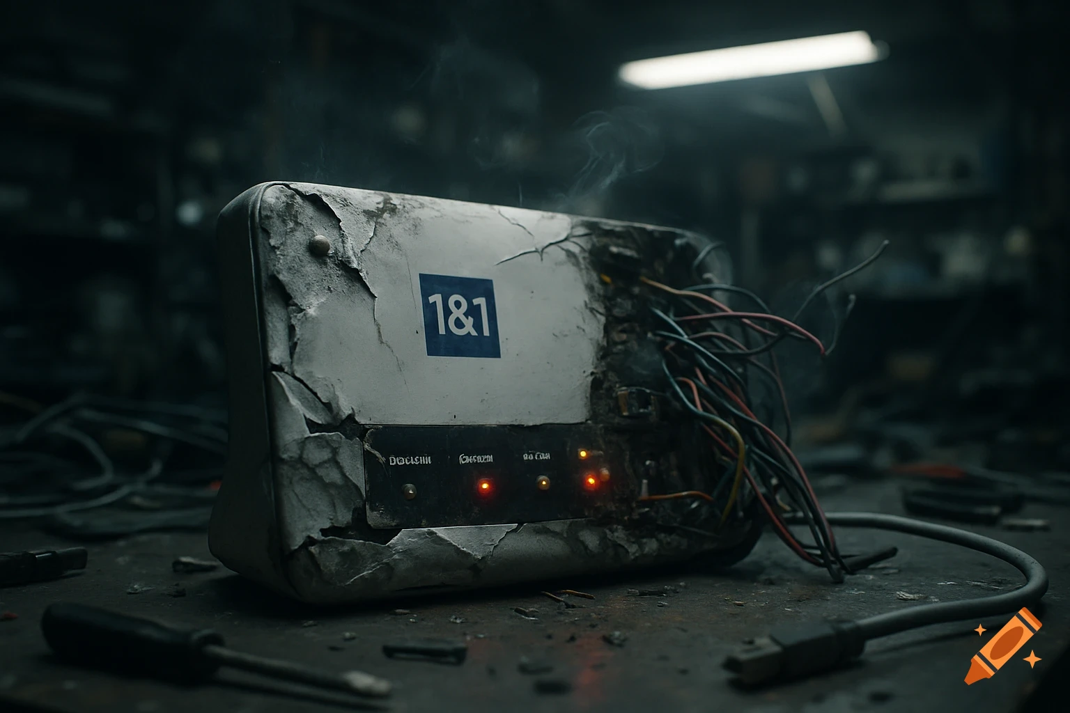 A heavily damaged, smoking 1&1 modem with exposed wires and cracked casing sits on a messy workbench in a dark, industrial setting.