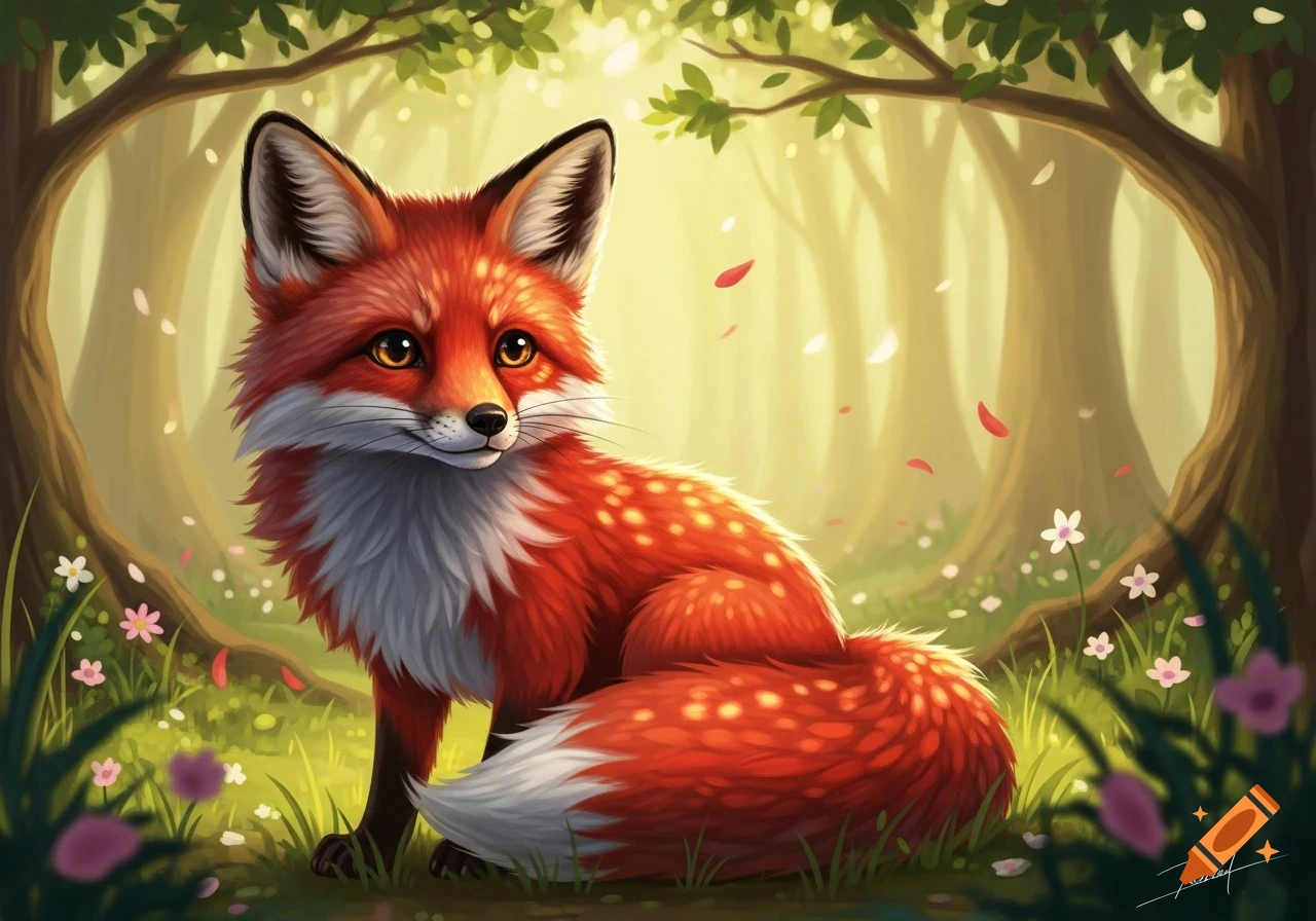 A cute red and white fox with orange eyes sits in a sunlit, stylized forest with falling petals and small flowers.